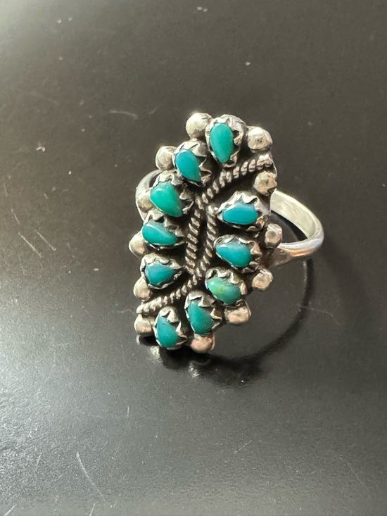 925 Sterling Silver Jewelry - Zuni Sterling Silver Turquoise Cluster Ring Size 4.75 - Petit Point Style